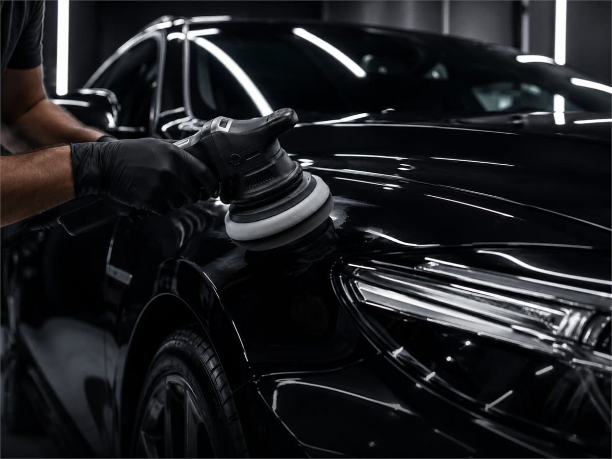Machine paint correction on a black car